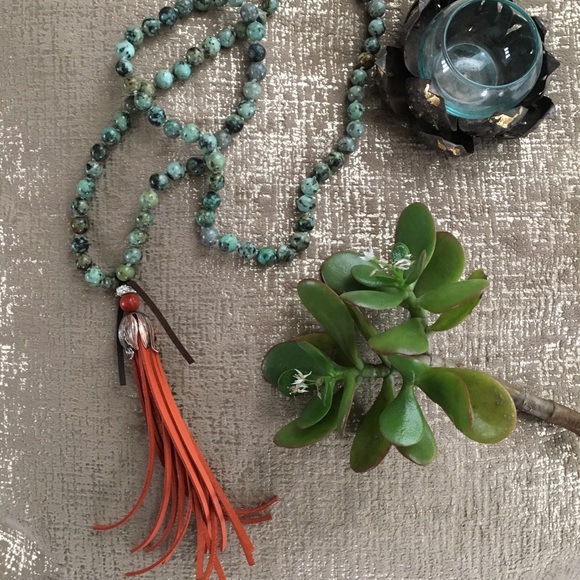 Handmade Jewelry - Mala Crystal Stone Leather Tassel Necklace